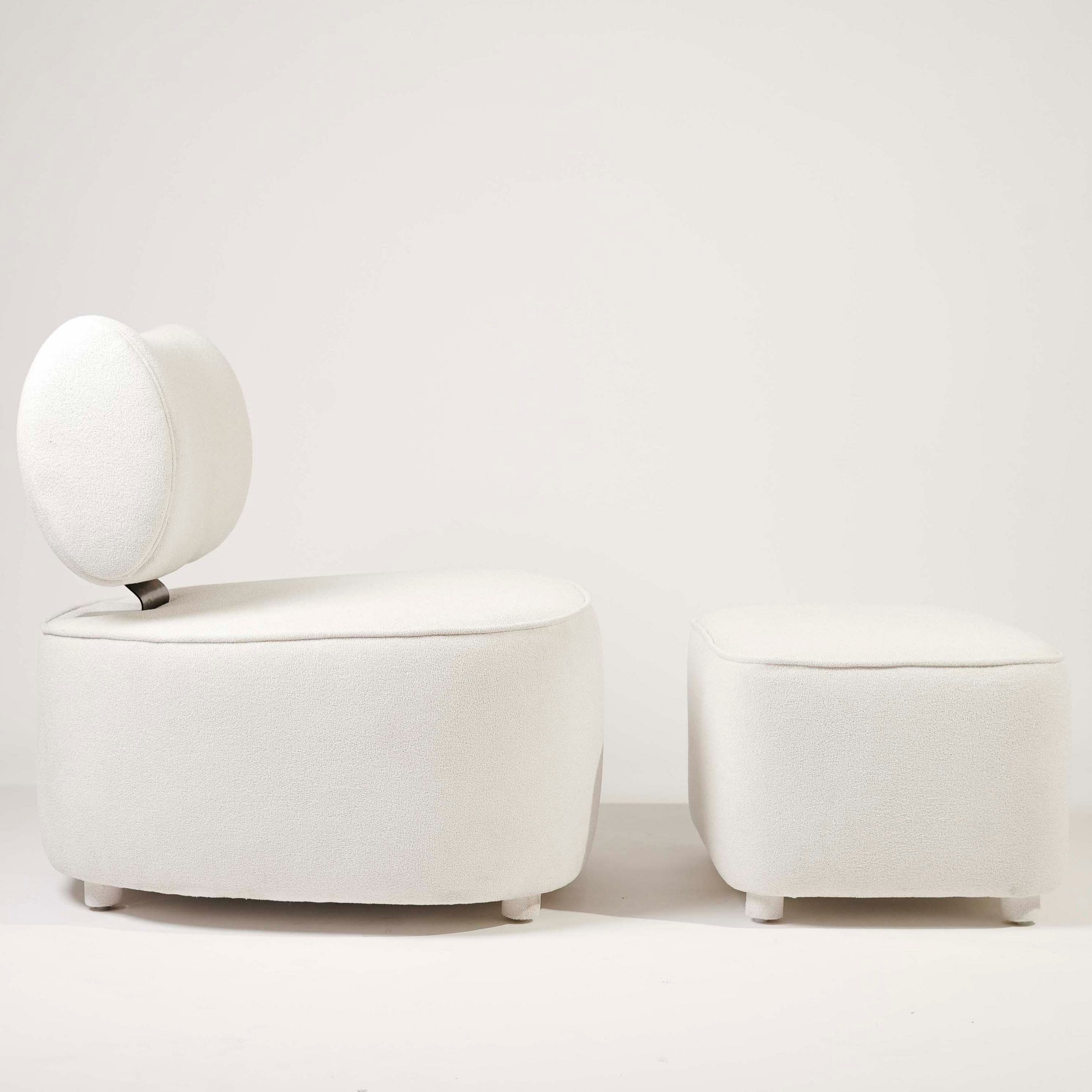 LUNA White Bouclé Chair & Footstool Set